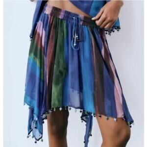 Zara NWT Asymmetrical Handkerchief Boho Gypsy Blue Beaded Hem Printed Skirt XS
